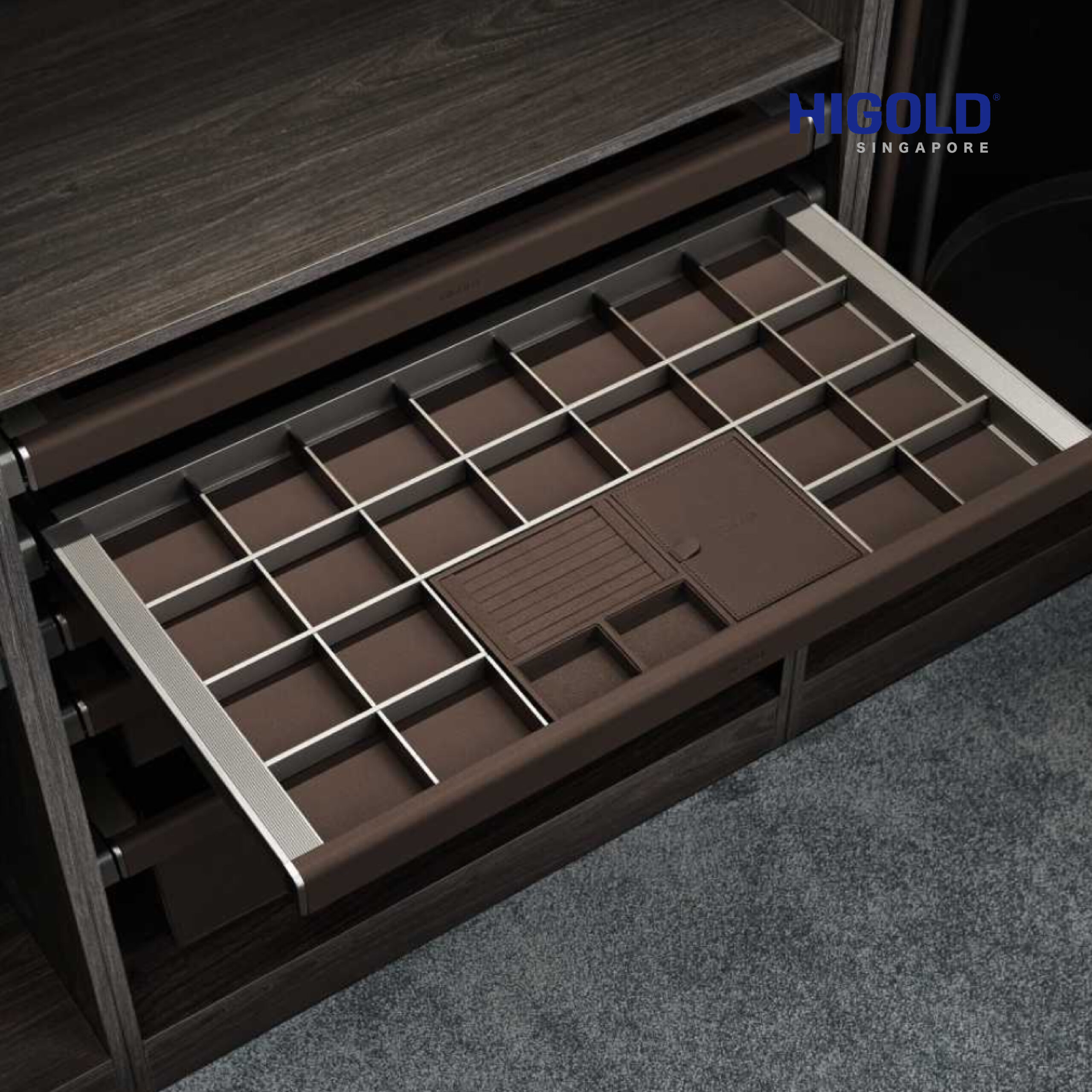 HIGOLD A Series Charm Storage Box Gray Aluminum Frame With Gray Leather Full Extension Slider with soft close - Image 3