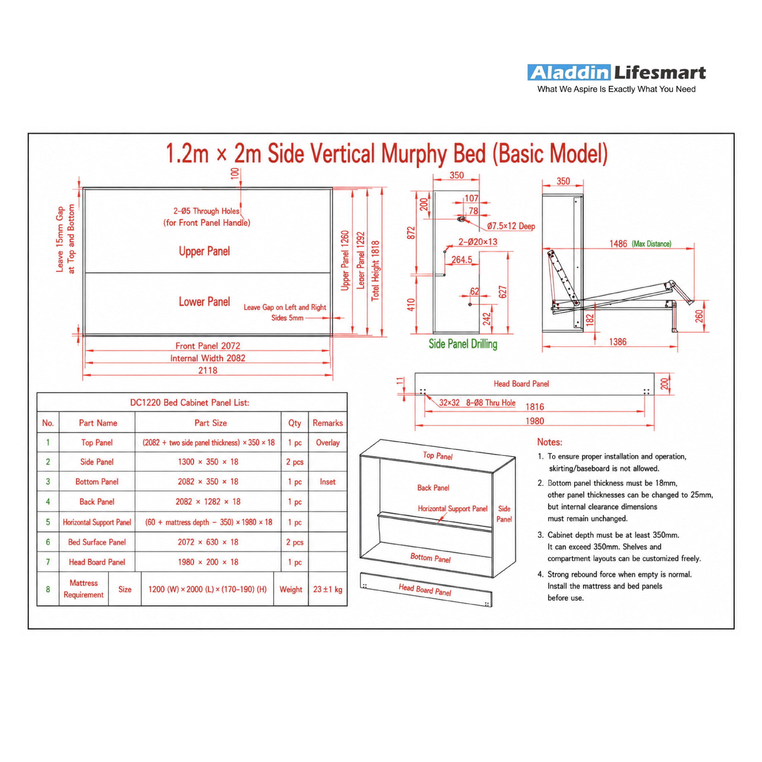 HN Horizontal Wall Bed Hardware System (Basic Set, Mattress Not Included) - Image 5