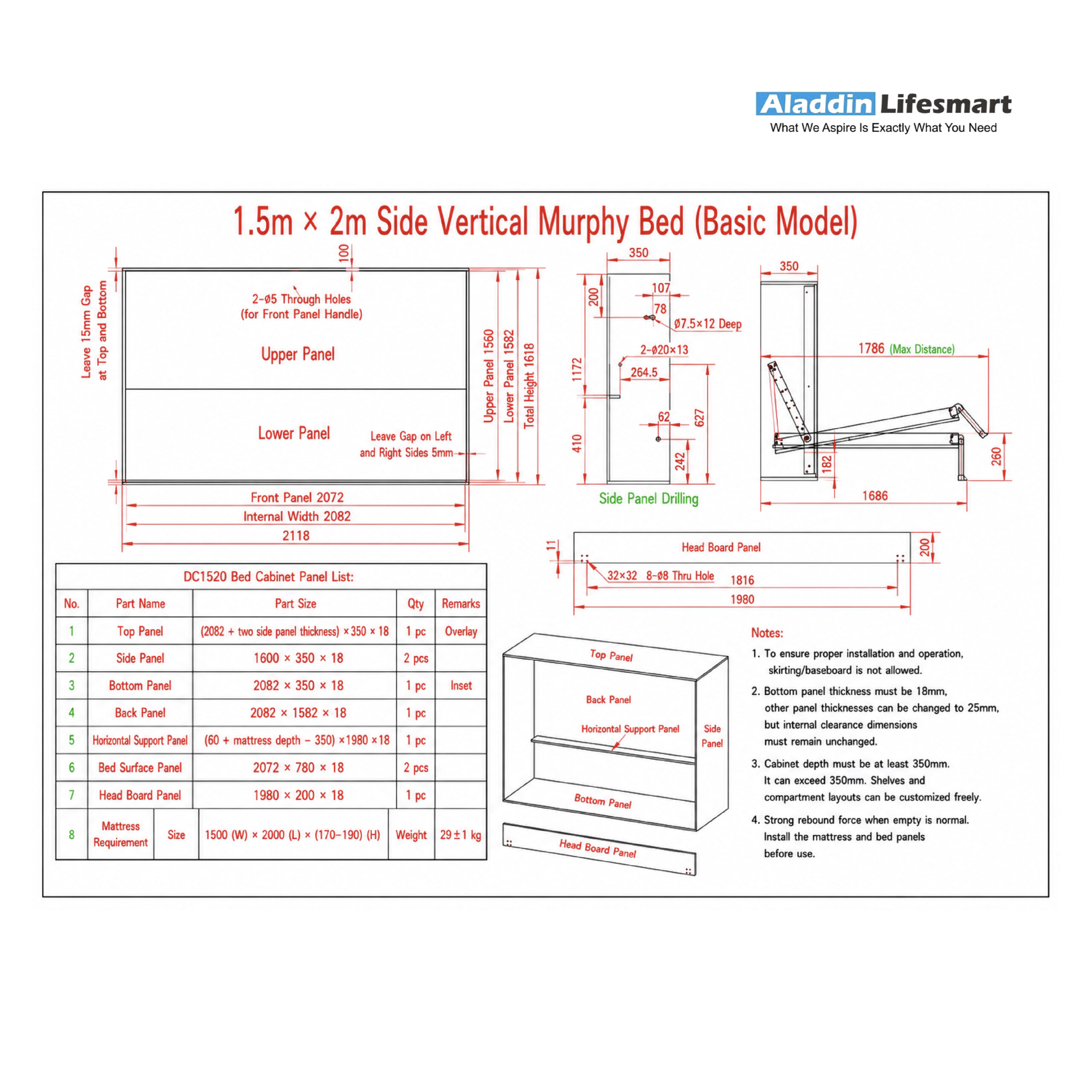 HN Horizontal Wall Bed Hardware System (Basic Set, Mattress Not Included) - Image 6